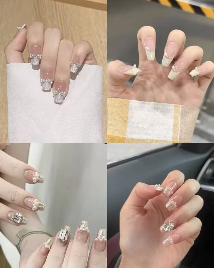 Short, elegant nail designs featuring minimalist styles like French tips, soft nude polish, and delicate gold accents on natural nails.
