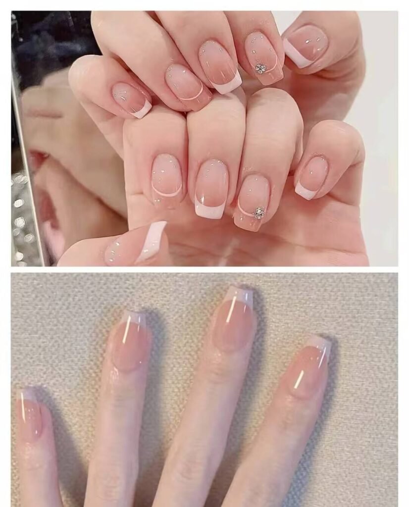 Short, elegant nail designs featuring minimalist styles like French tips, soft nude polish, and delicate gold accents on natural nails.