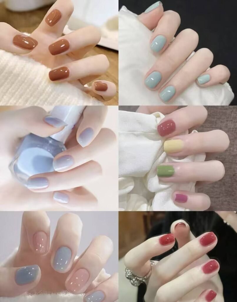 Short, elegant nail designs featuring minimalist styles like French tips, soft nude polish, and delicate gold accents on natural nails.