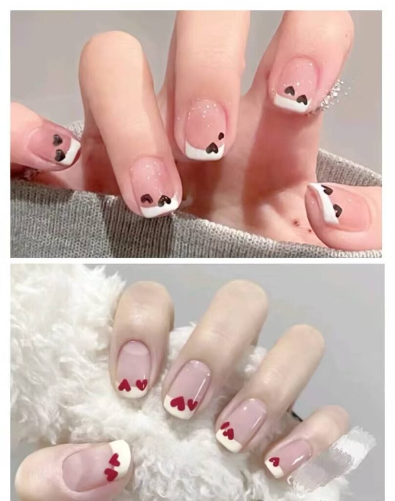Short, elegant nail designs featuring minimalist styles like French tips, soft nude polish, and delicate gold accents on natural nails.