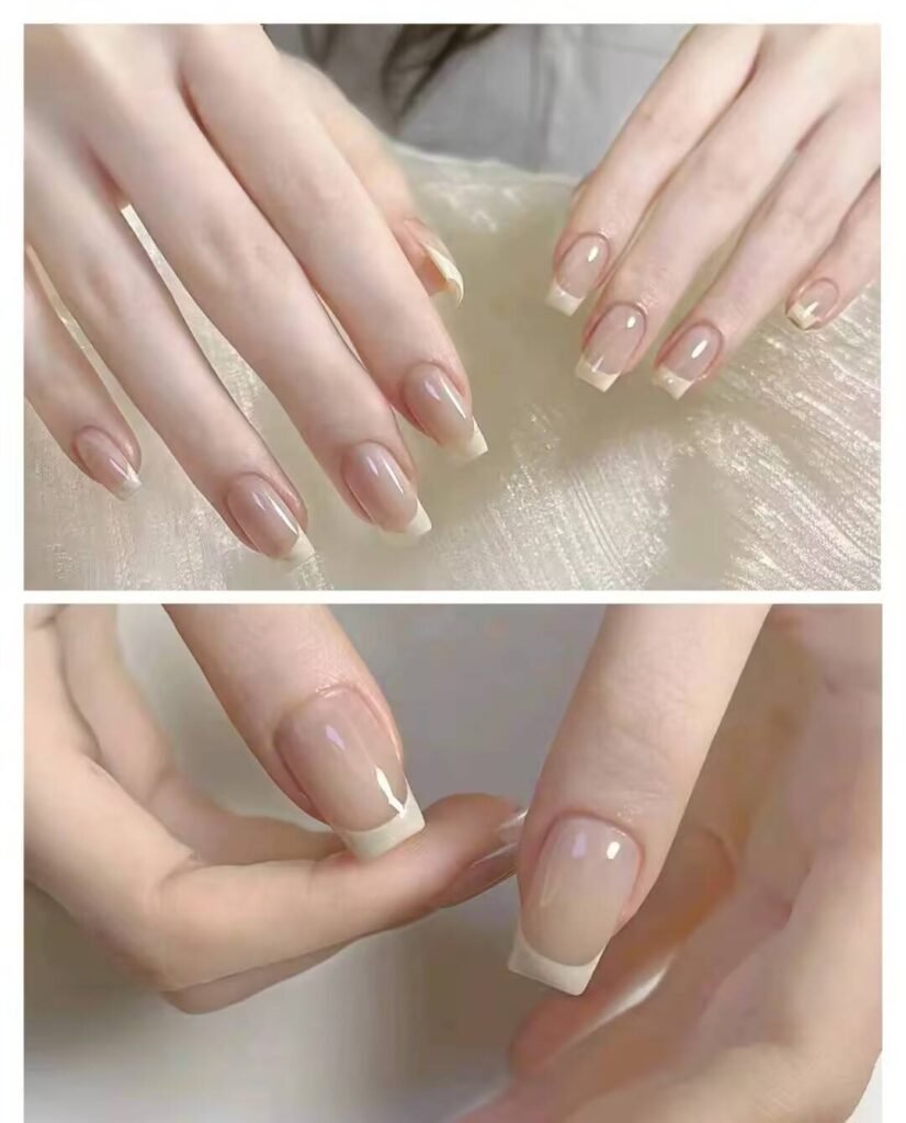 Short, elegant nail designs featuring minimalist styles like French tips, soft nude polish, and delicate gold accents on natural nails.