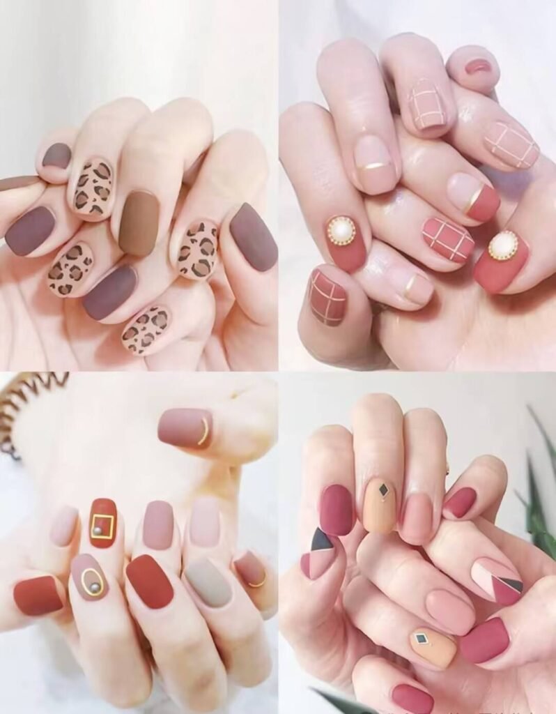 Short, elegant nail designs featuring minimalist styles like French tips, soft nude polish, and delicate gold accents on natural nails.