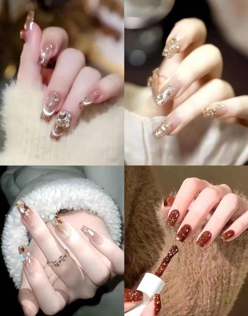Short, elegant nail designs featuring minimalist styles like French tips, soft nude polish, and delicate gold accents on natural nails.