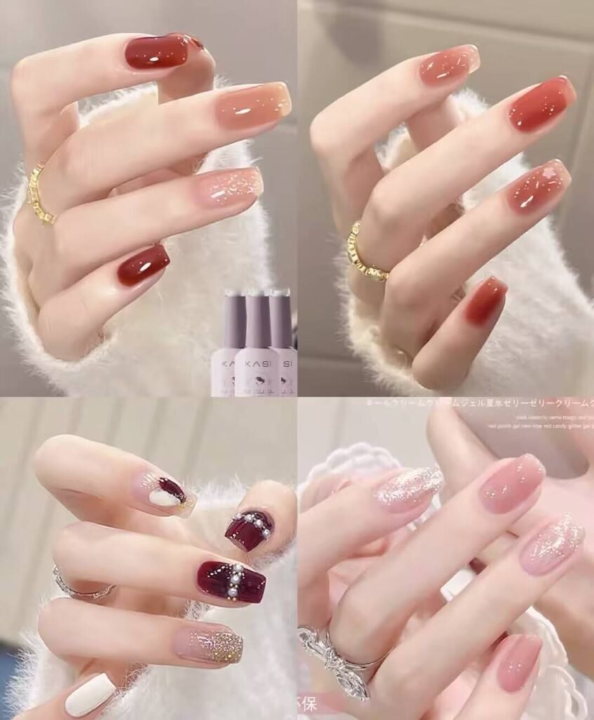 Short, elegant nail designs featuring minimalist styles like French tips, soft nude polish, and delicate gold accents on natural nails.