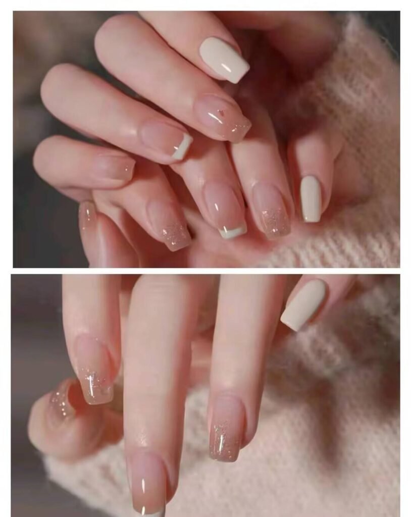 Short, elegant nail designs featuring minimalist styles like French tips, soft nude polish, and delicate gold accents on natural nails.