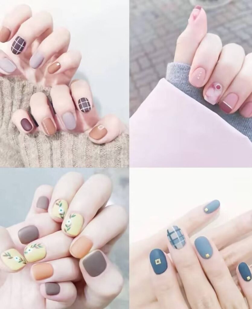 Short, elegant nail designs featuring minimalist styles like French tips, soft nude polish, and delicate gold accents on natural nails.