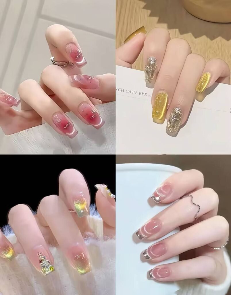 Short, elegant nail designs featuring minimalist styles like French tips, soft nude polish, and delicate gold accents on natural nails.