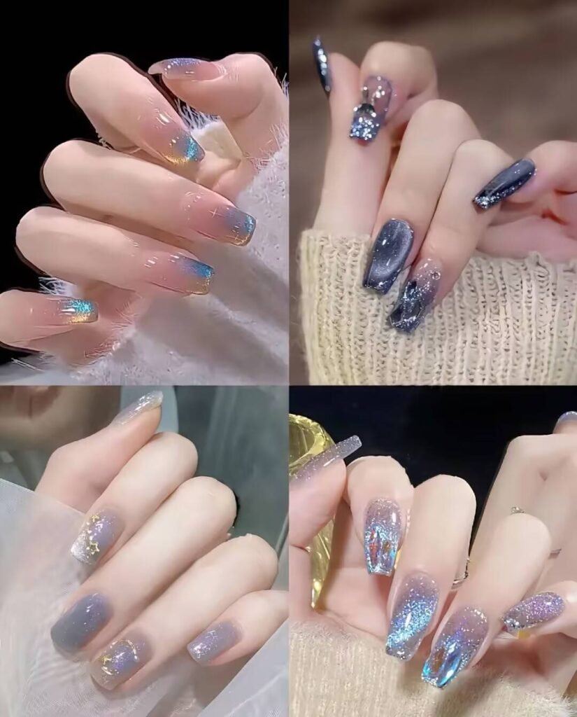 Short, elegant nail designs featuring minimalist styles like French tips, soft nude polish, and delicate gold accents on natural nails.