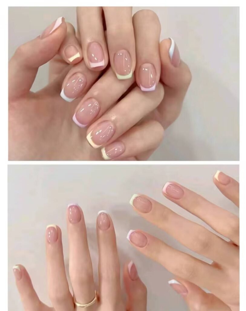 Short, elegant nail designs featuring minimalist styles like French tips, soft nude polish, and delicate gold accents on natural nails.