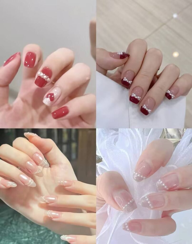 Short, elegant nail designs featuring minimalist styles like French tips, soft nude polish, and delicate gold accents on natural nails.
