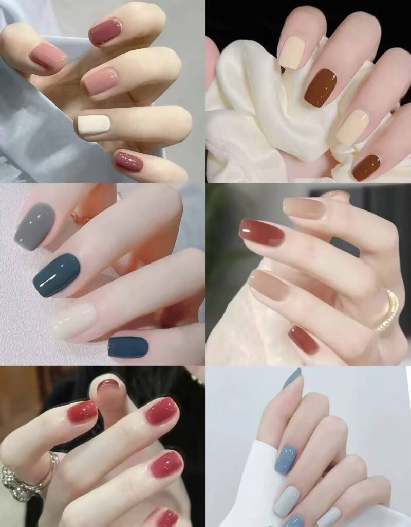 Short, elegant nail designs featuring minimalist styles like French tips, soft nude polish, and delicate gold accents on natural nails.