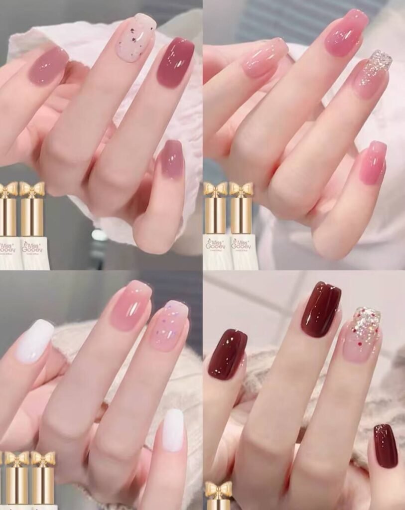 Short, elegant nail designs featuring minimalist styles like French tips, soft nude polish, and delicate gold accents on natural nails.