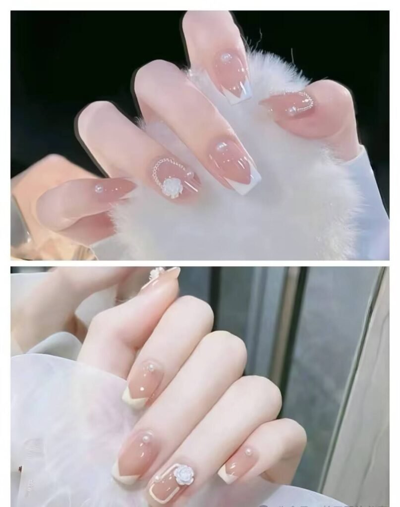 Short, elegant nail designs featuring minimalist styles like French tips, soft nude polish, and delicate gold accents on natural nails.