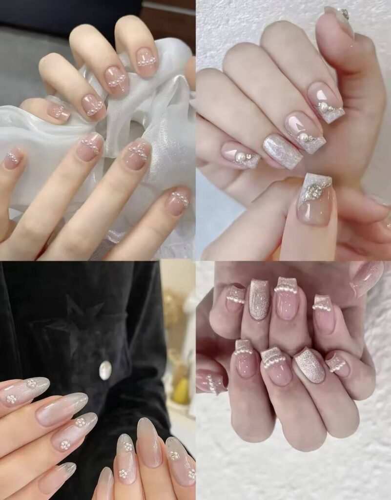 Short, elegant nail designs featuring minimalist styles like French tips, soft nude polish, and delicate gold accents on natural nails.