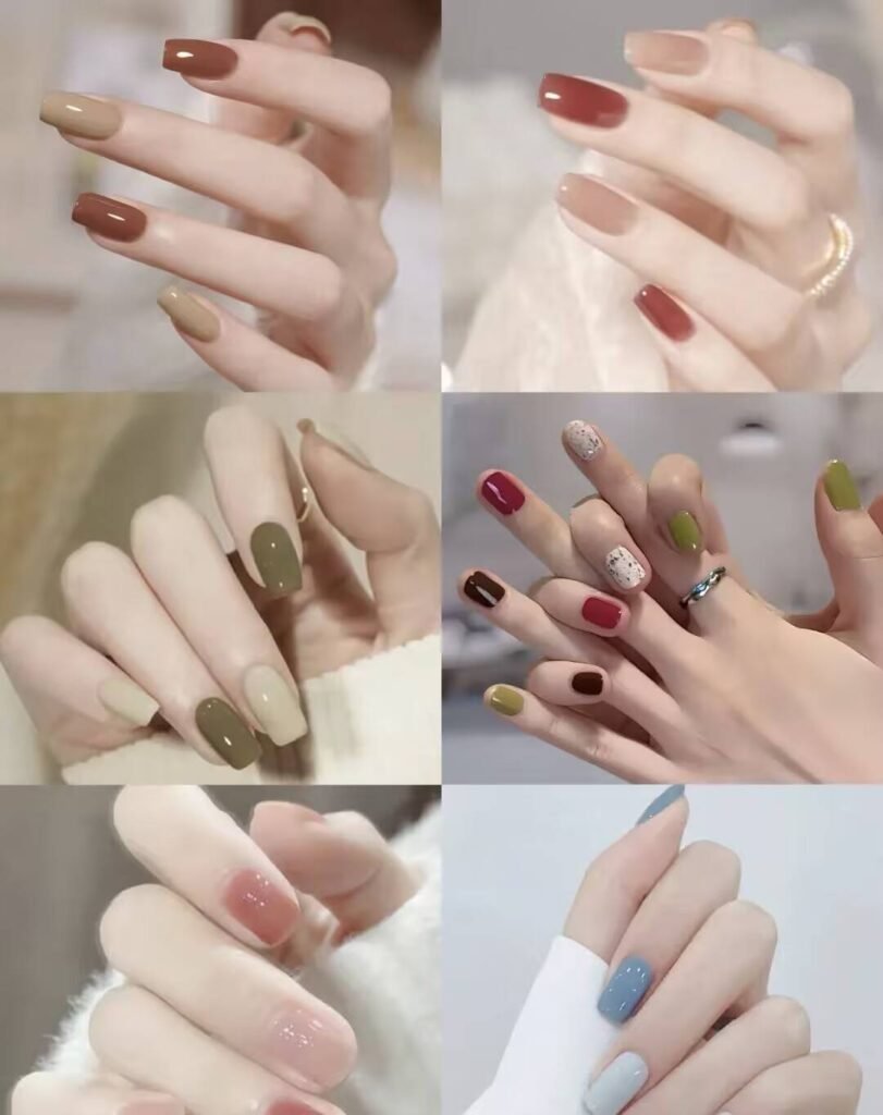 Short, elegant nail designs featuring minimalist styles like French tips, soft nude polish, and delicate gold accents on natural nails.