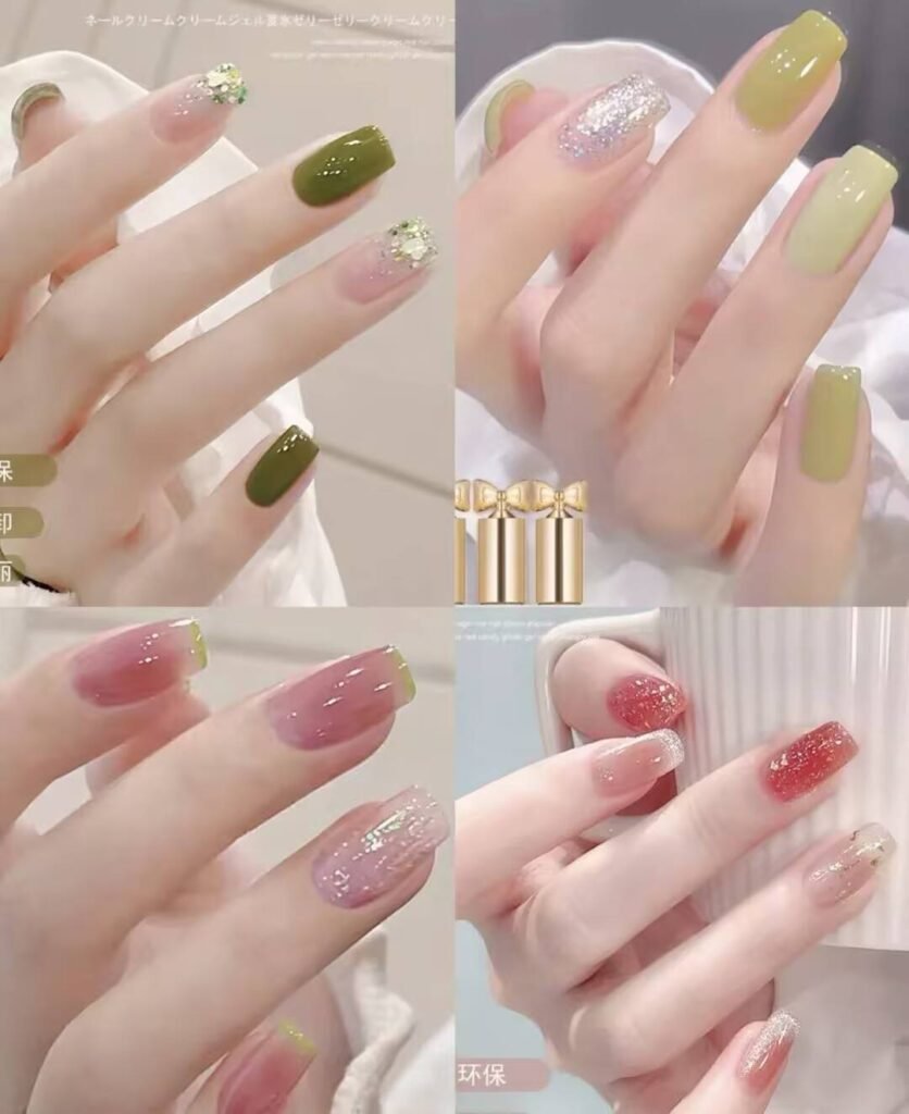 Short, elegant nail designs featuring minimalist styles like French tips, soft nude polish, and delicate gold accents on natural nails.