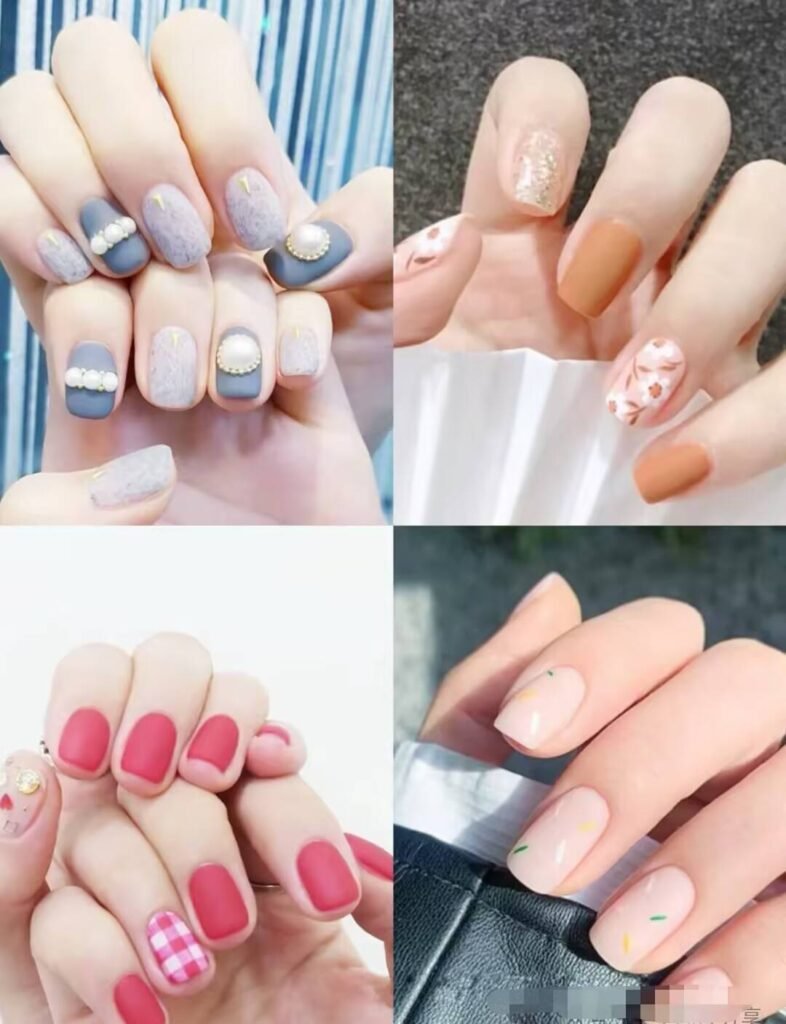 Short, elegant nail designs featuring minimalist styles like French tips, soft nude polish, and delicate gold accents on natural nails.