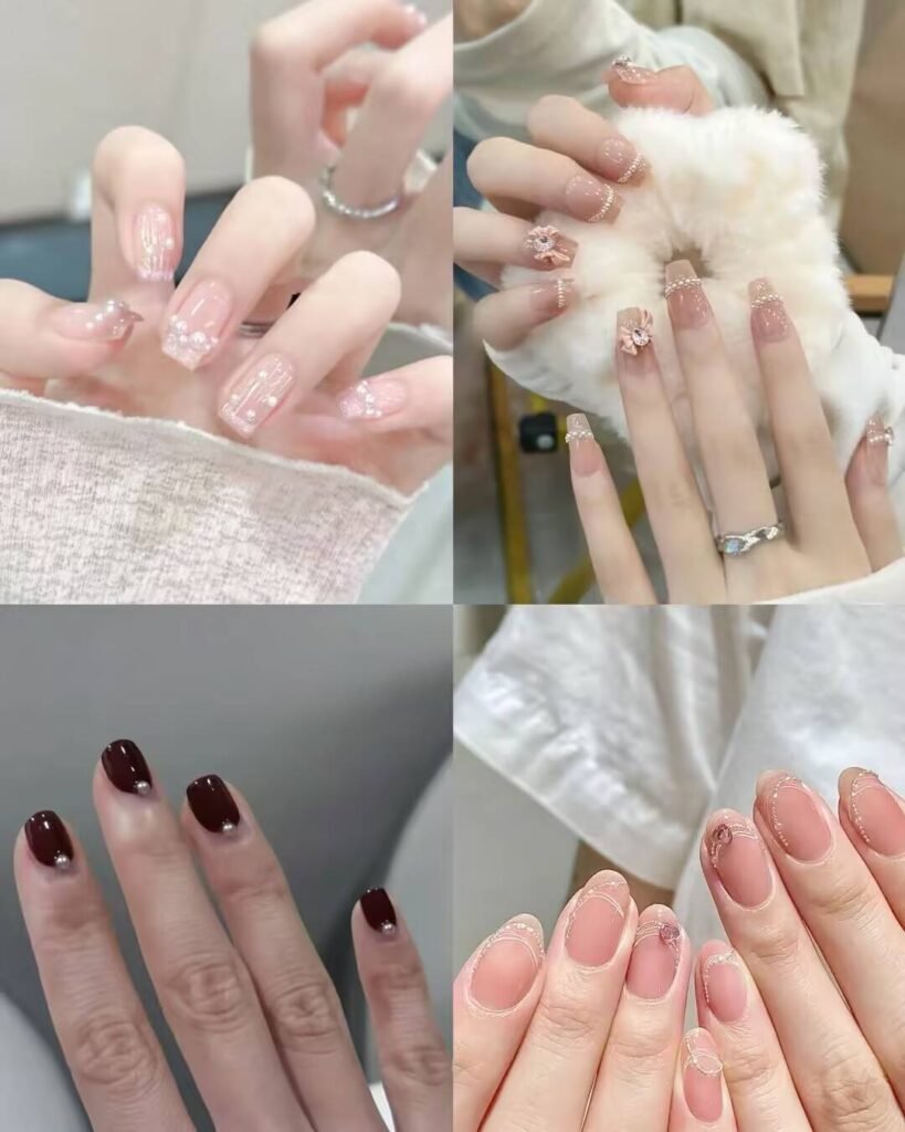 Short, elegant nail designs featuring minimalist styles like French tips, soft nude polish, and delicate gold accents on natural nails.