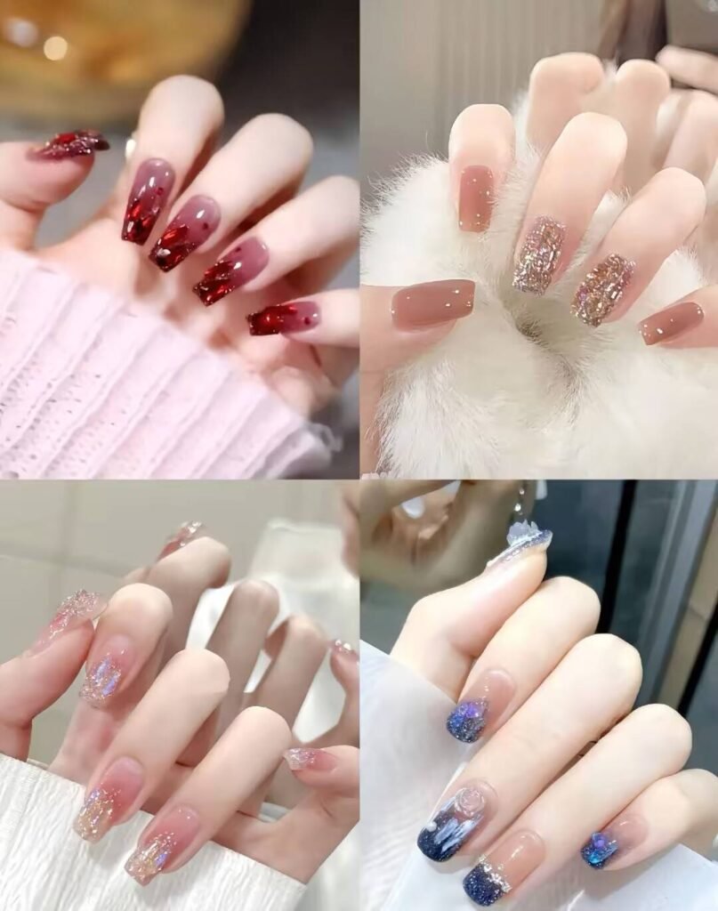 Short, elegant nail designs featuring minimalist styles like French tips, soft nude polish, and delicate gold accents on natural nails.