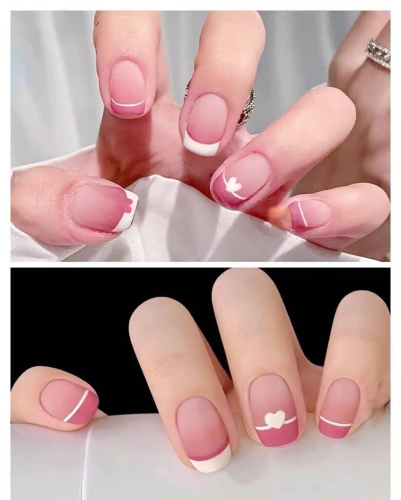 Short, elegant nail designs featuring minimalist styles like French tips, soft nude polish, and delicate gold accents on natural nails.