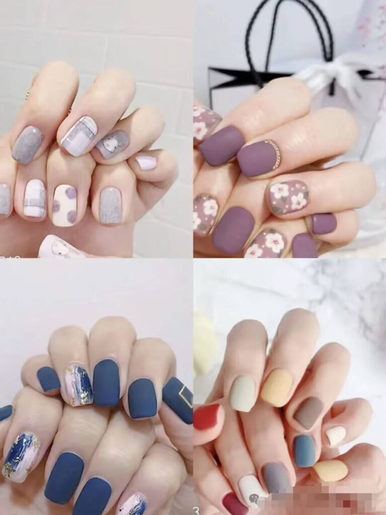 Short, elegant nail designs featuring minimalist styles like French tips, soft nude polish, and delicate gold accents on natural nails.