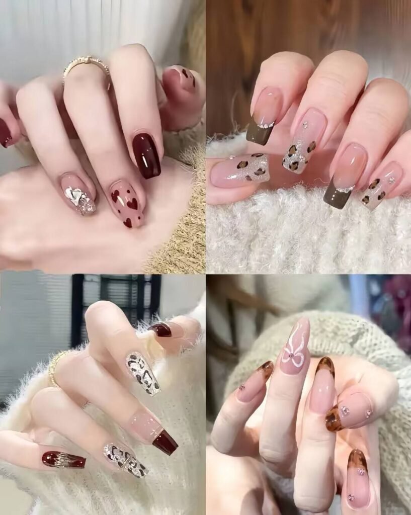 Short, elegant nail designs featuring minimalist styles like French tips, soft nude polish, and delicate gold accents on natural nails.