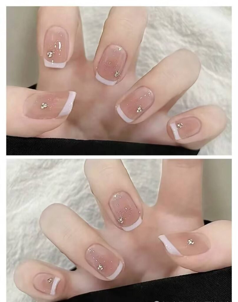 Short, elegant nail designs featuring minimalist styles like French tips, soft nude polish, and delicate gold accents on natural nails.