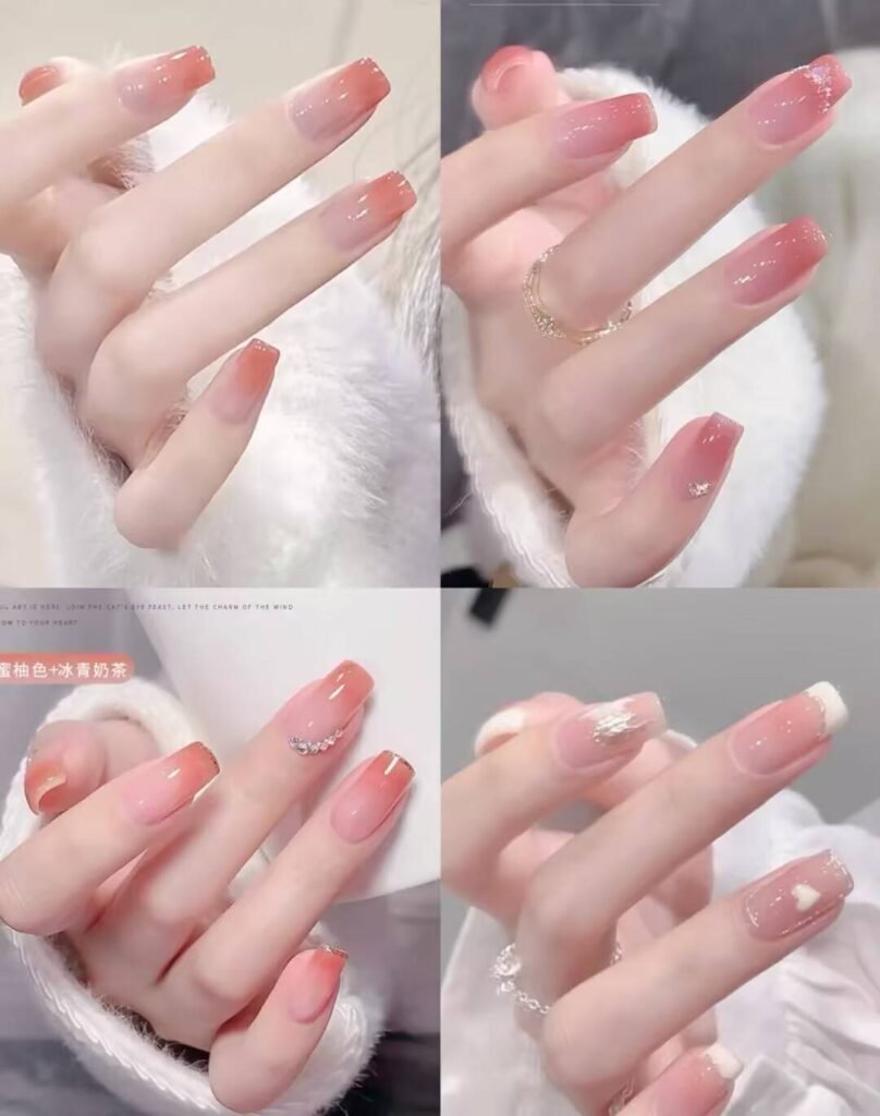 Short, elegant nail designs featuring minimalist styles like French tips, soft nude polish, and delicate gold accents on natural nails.