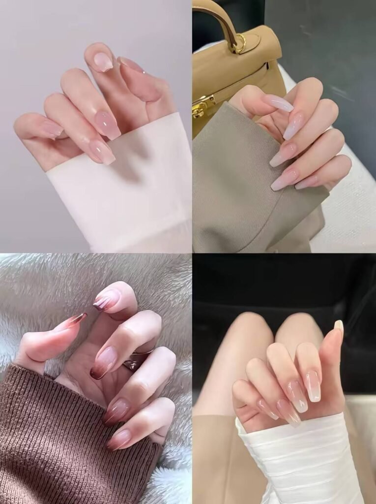 Minimalist spring nail 2025 trends: sheer blush base with subtle chrome half-moon accents.