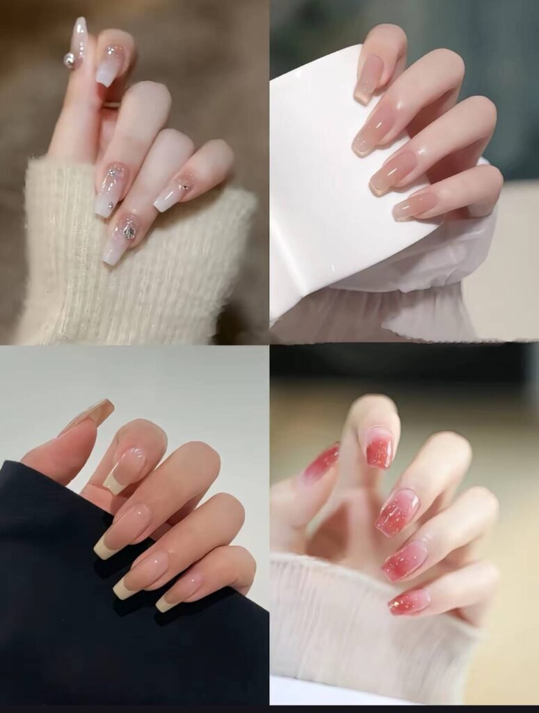 Minimalist spring nail 2025 trends: sheer blush base with subtle chrome half-moon accents.