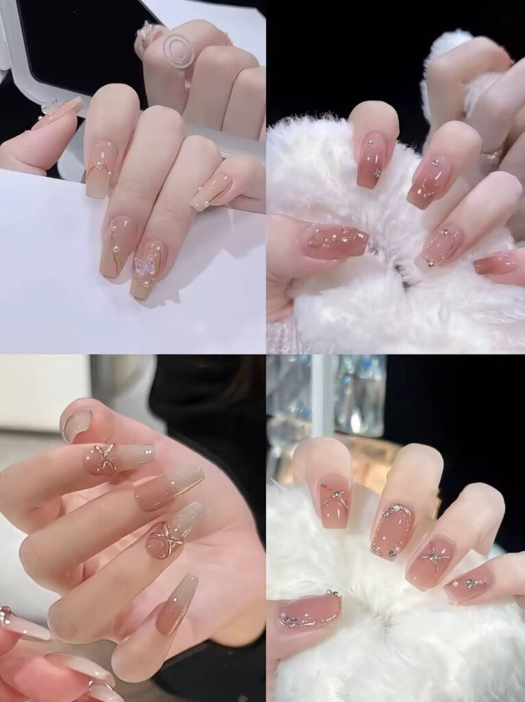 Minimalist spring nail 2025 trends: sheer blush base with subtle chrome half-moon accents.