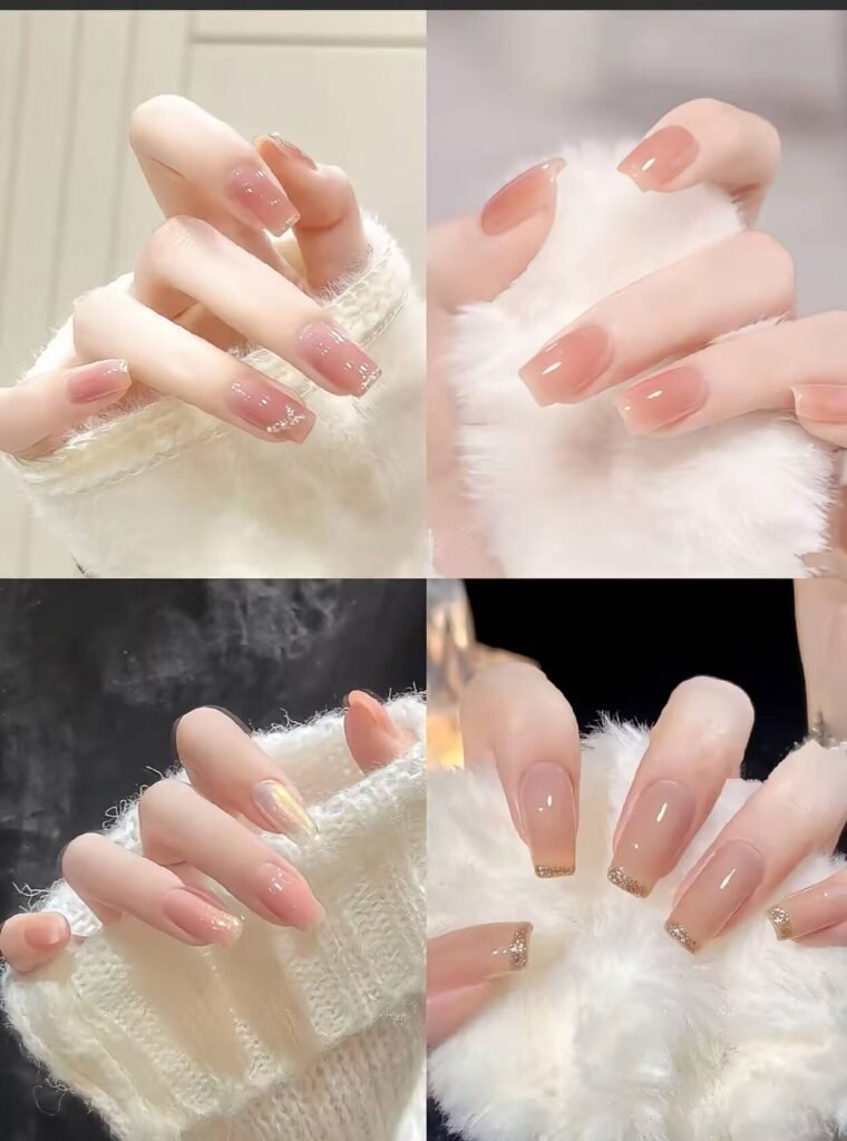 Minimalist spring nail 2025 trends: sheer blush base with subtle chrome half-moon accents.