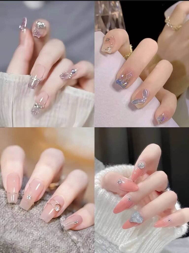 Minimalist spring nail 2025 trends: sheer blush base with subtle chrome half-moon accents.