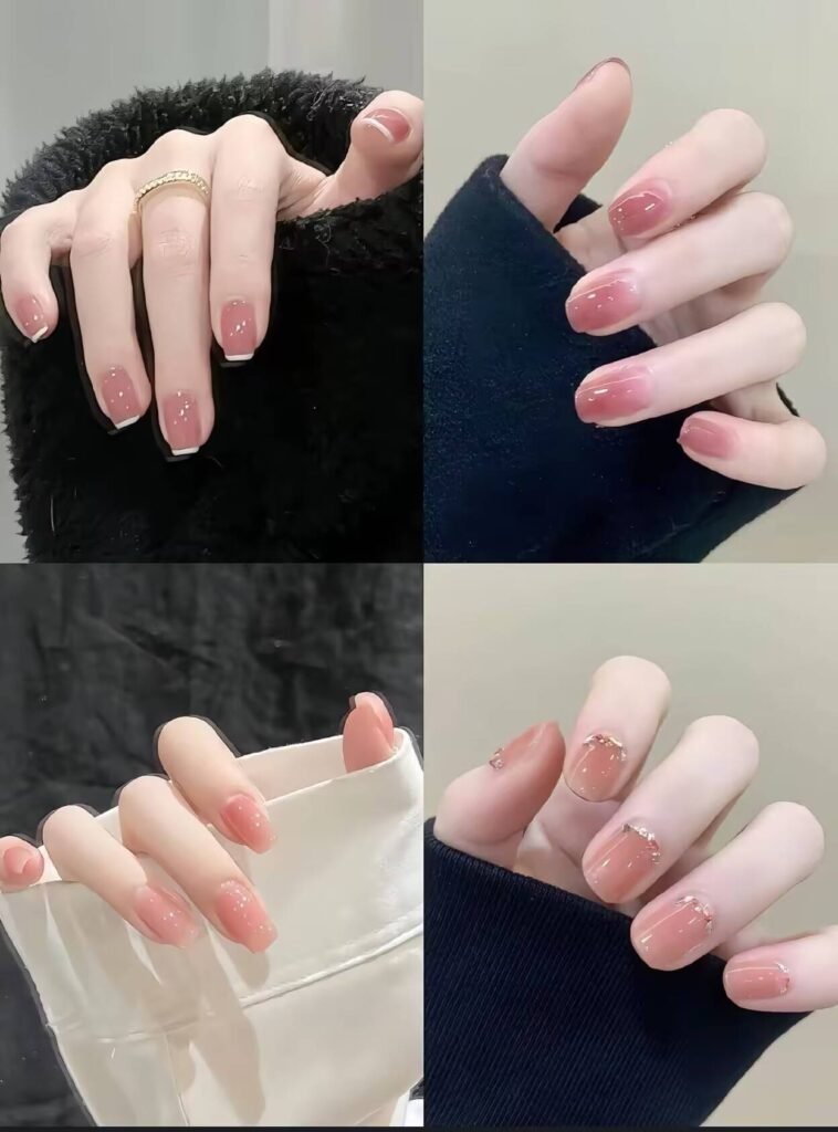 Minimalist spring nail 2025 trends: sheer blush base with subtle chrome half-moon accents.