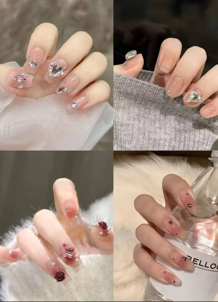 Minimalist spring nail 2025 trends: sheer blush base with subtle chrome half-moon accents.