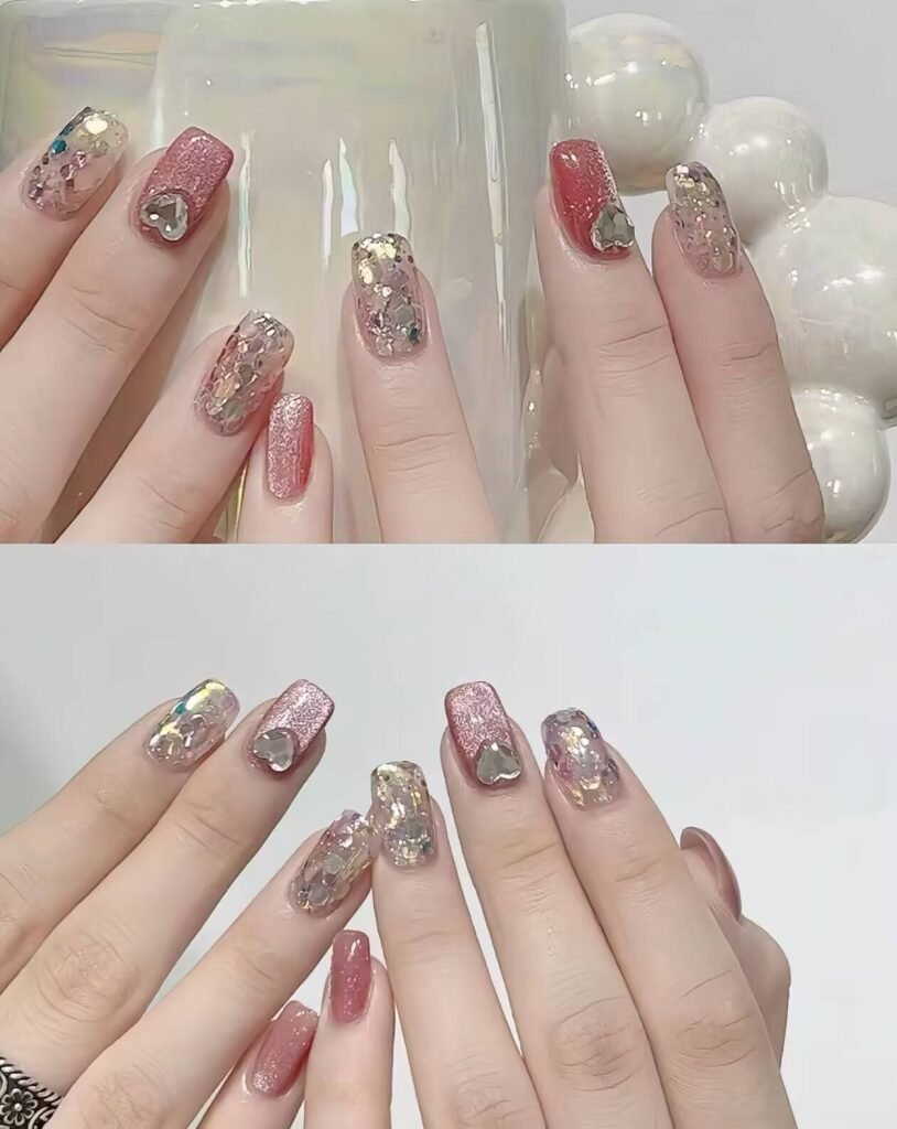 Minimalist spring nail 2025 trends: sheer blush base with subtle chrome half-moon accents.