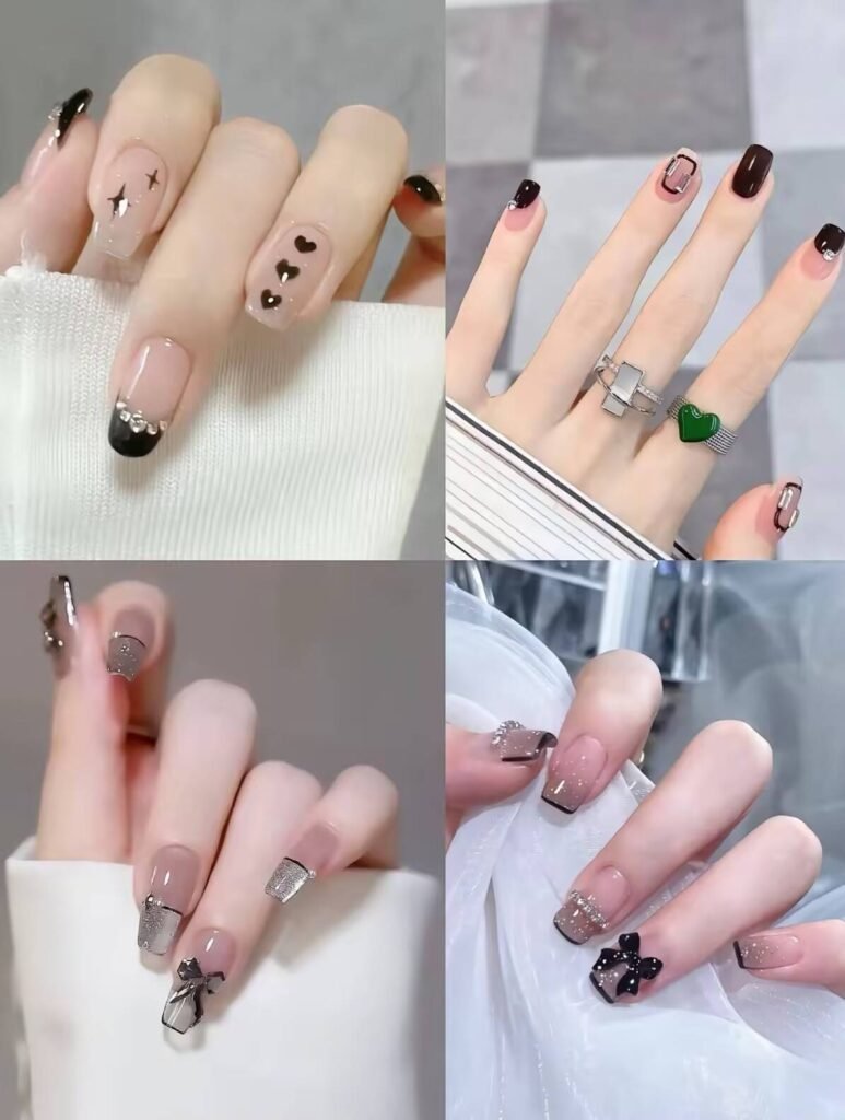 Minimalist spring nail 2025 trends: sheer blush base with subtle chrome half-moon accents.
