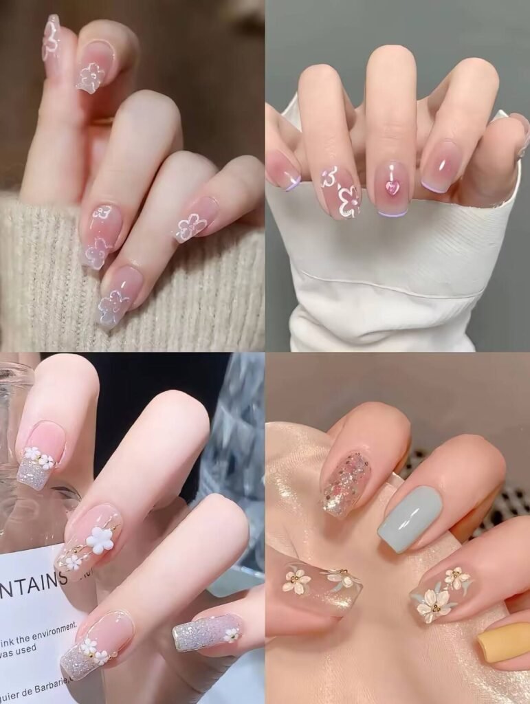 Minimalist spring nail 2025 trends: sheer blush base with subtle chrome half-moon accents.