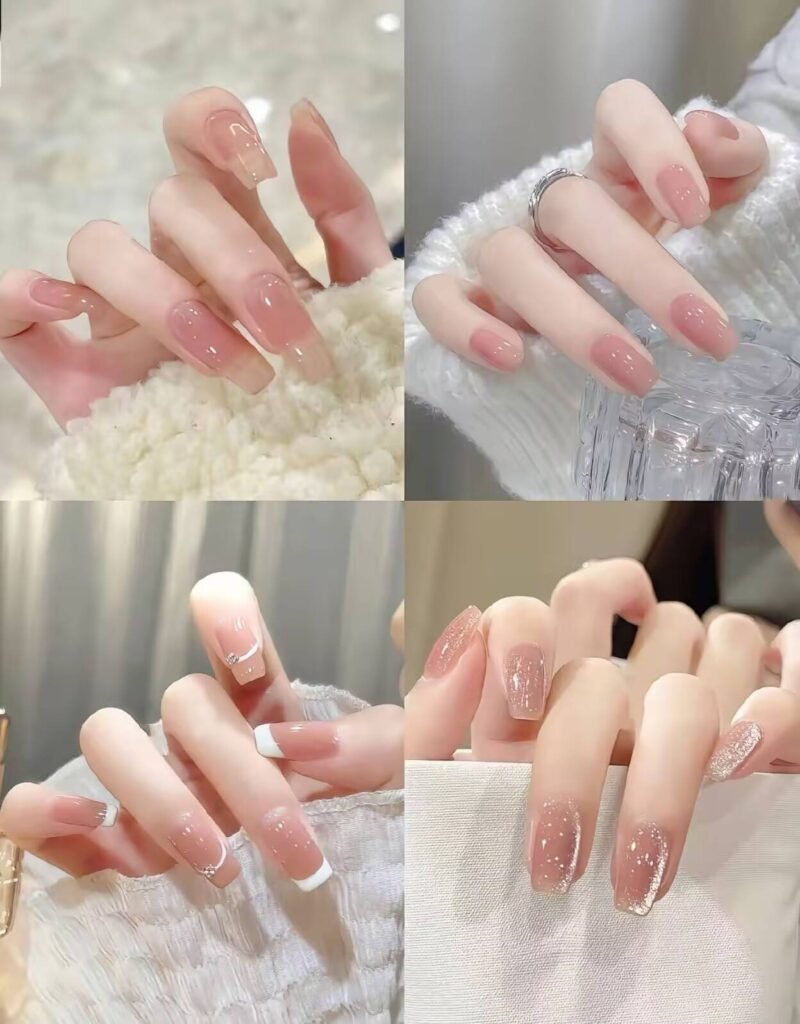 Minimalist spring nail 2025 trends: sheer blush base with subtle chrome half-moon accents.