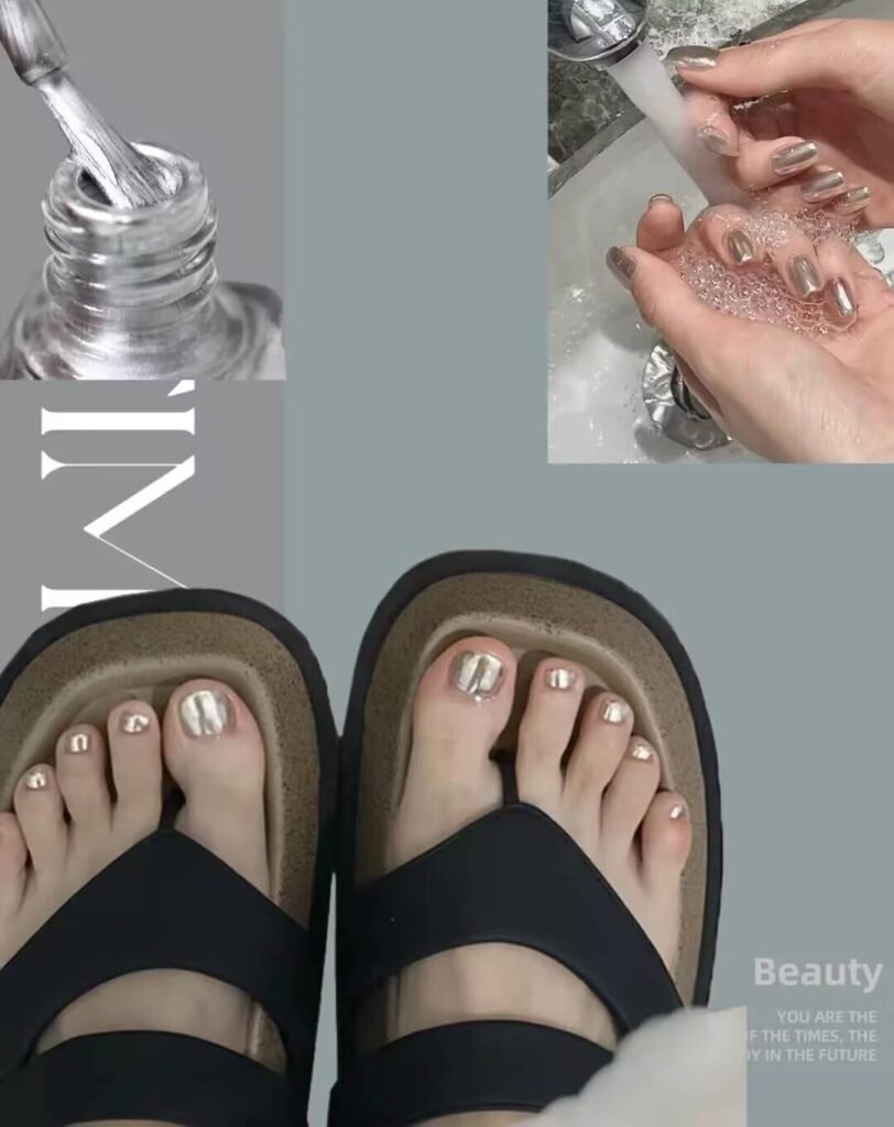 Cozy and luxurious winter pedicure styles 2025 with rich jewel tones and frosty metallic details.