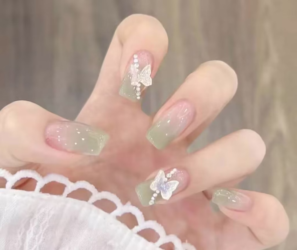 Trendy INS viral nail styles featuring gradient colors, glitter accents, and geometric designs on natural nails.