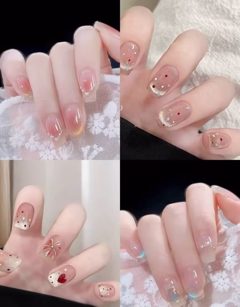Skin Brightening Manicure Styles featuring pearlized nude polish with delicate glitter tips and subtle chrome accents.