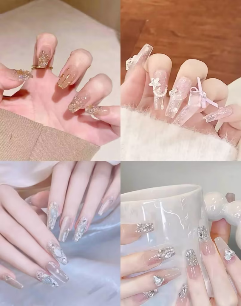 Skin Brightening Manicure Styles featuring pearlized nude polish with delicate glitter tips and subtle chrome accents.