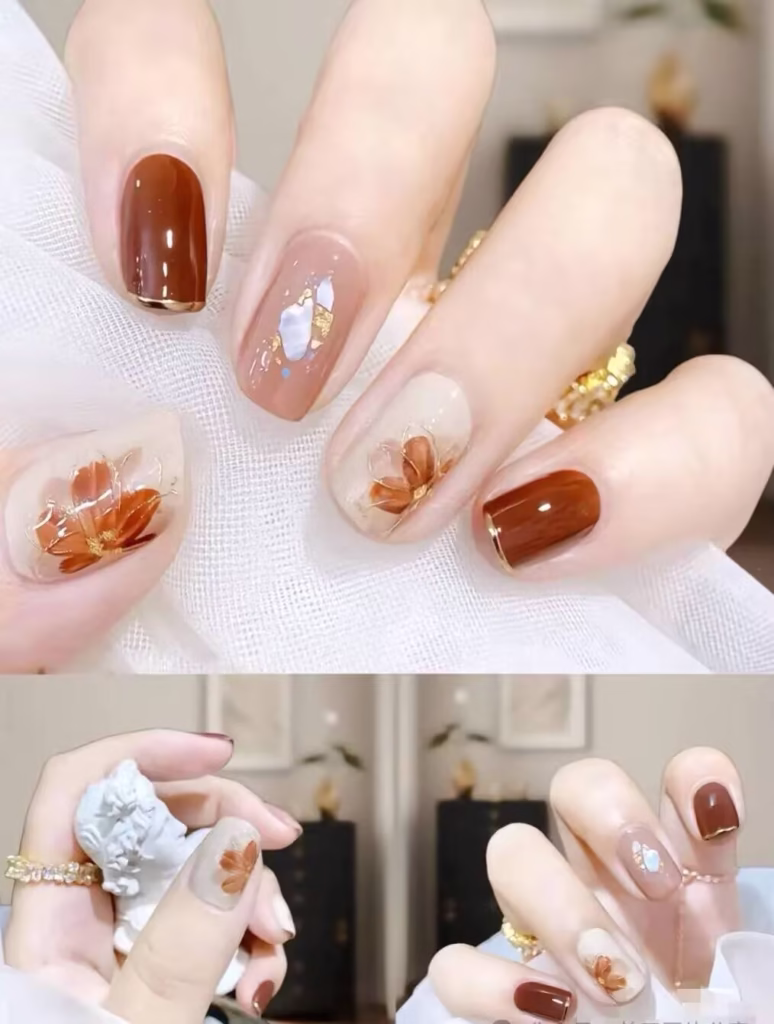 Skin Brightening Manicure Styles featuring pearlized nude polish with delicate glitter tips and subtle chrome accents.