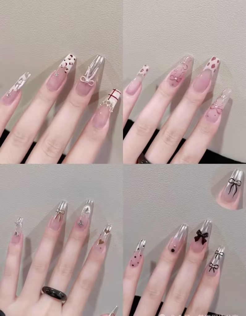 Skin Brightening Manicure Styles featuring pearlized nude polish with delicate glitter tips and subtle chrome accents.