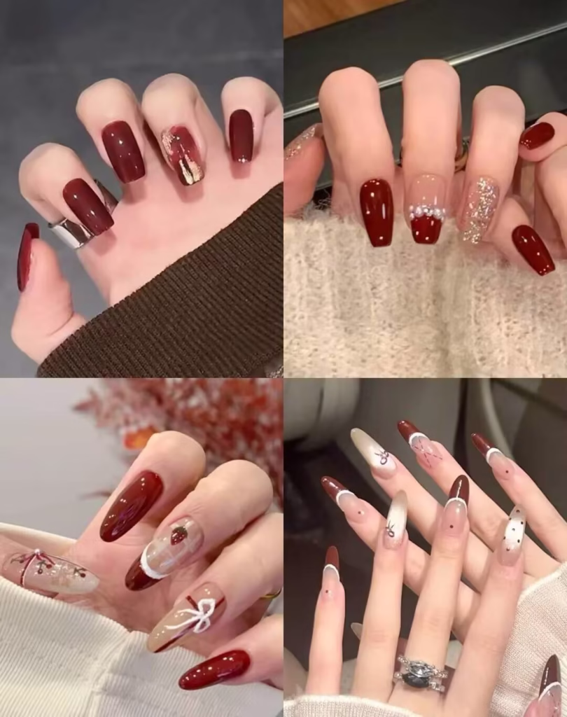 Skin Brightening Manicure Styles featuring pearlized nude polish with delicate glitter tips and subtle chrome accents.