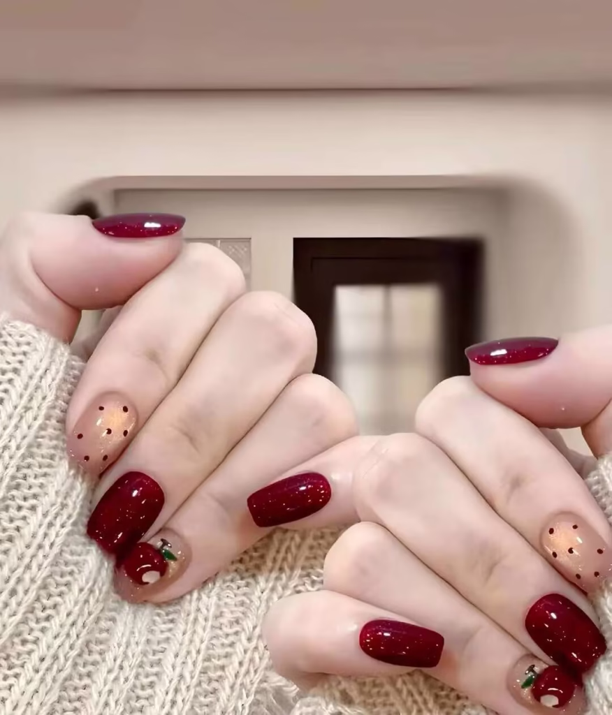 Skin Brightening Manicure Styles featuring pearlized nude polish with delicate glitter tips and subtle chrome accents.