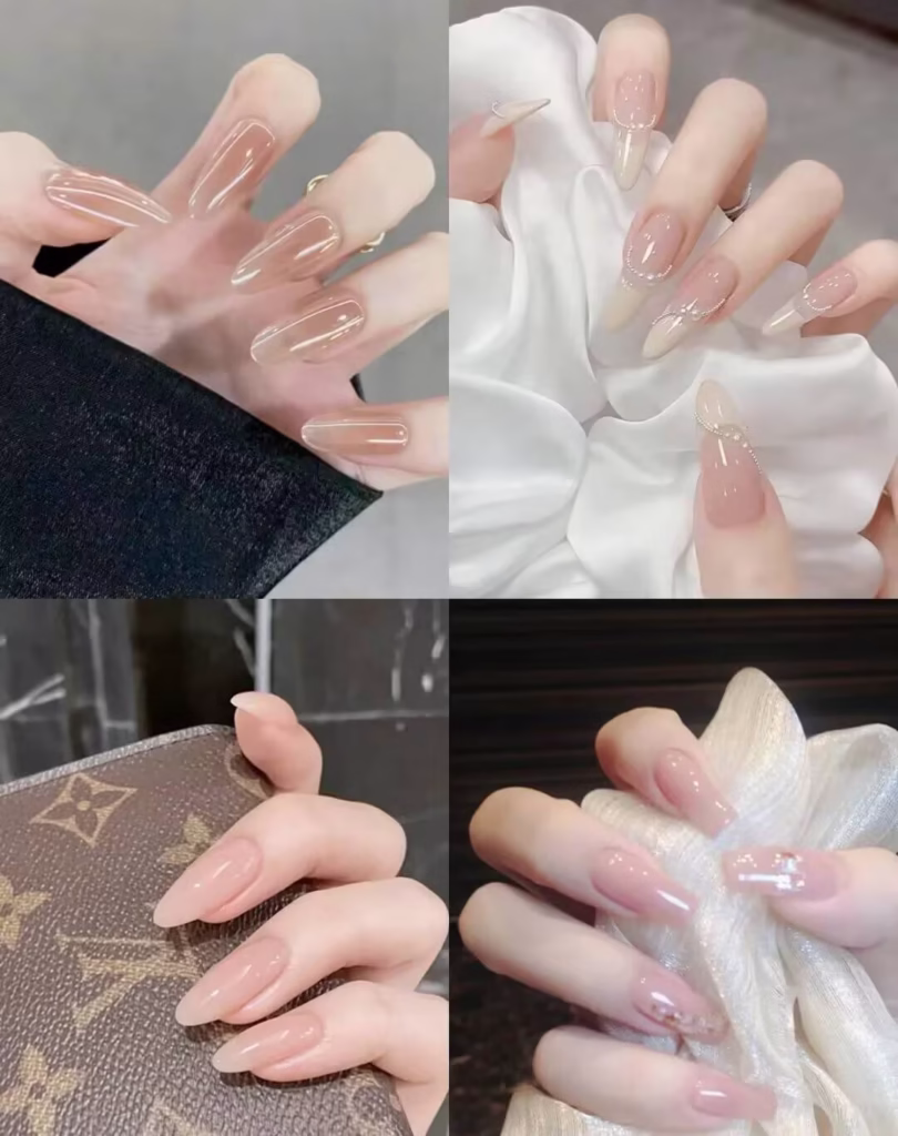 Skin Brightening Manicure Styles featuring pearlized nude polish with delicate glitter tips and subtle chrome accents.