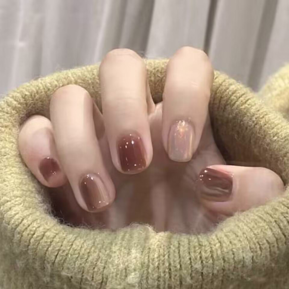 Trending Short Nail Designs: French tip with nude pink base and silver metallic accents